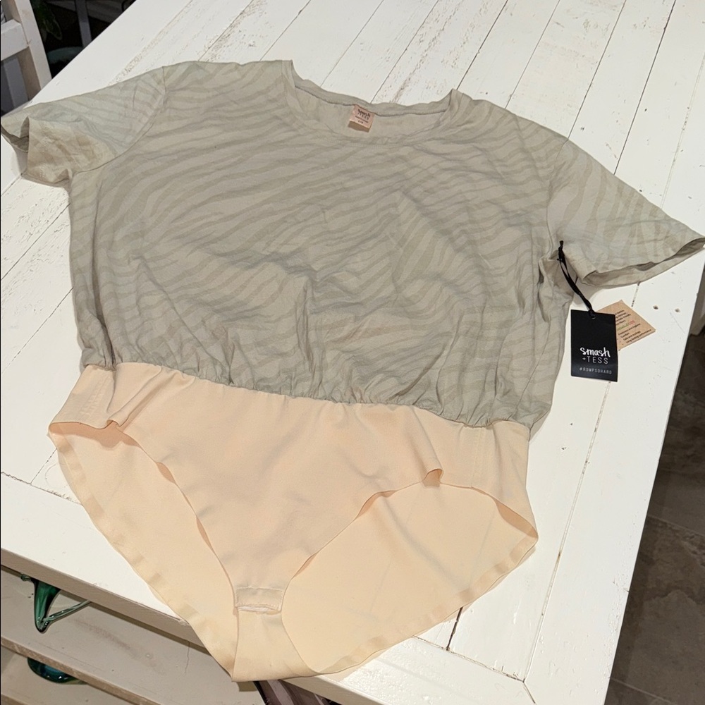 Smash + Tess Zebra Print T-shirt bodysuit tan top, slightly sheer bottom 
NWT